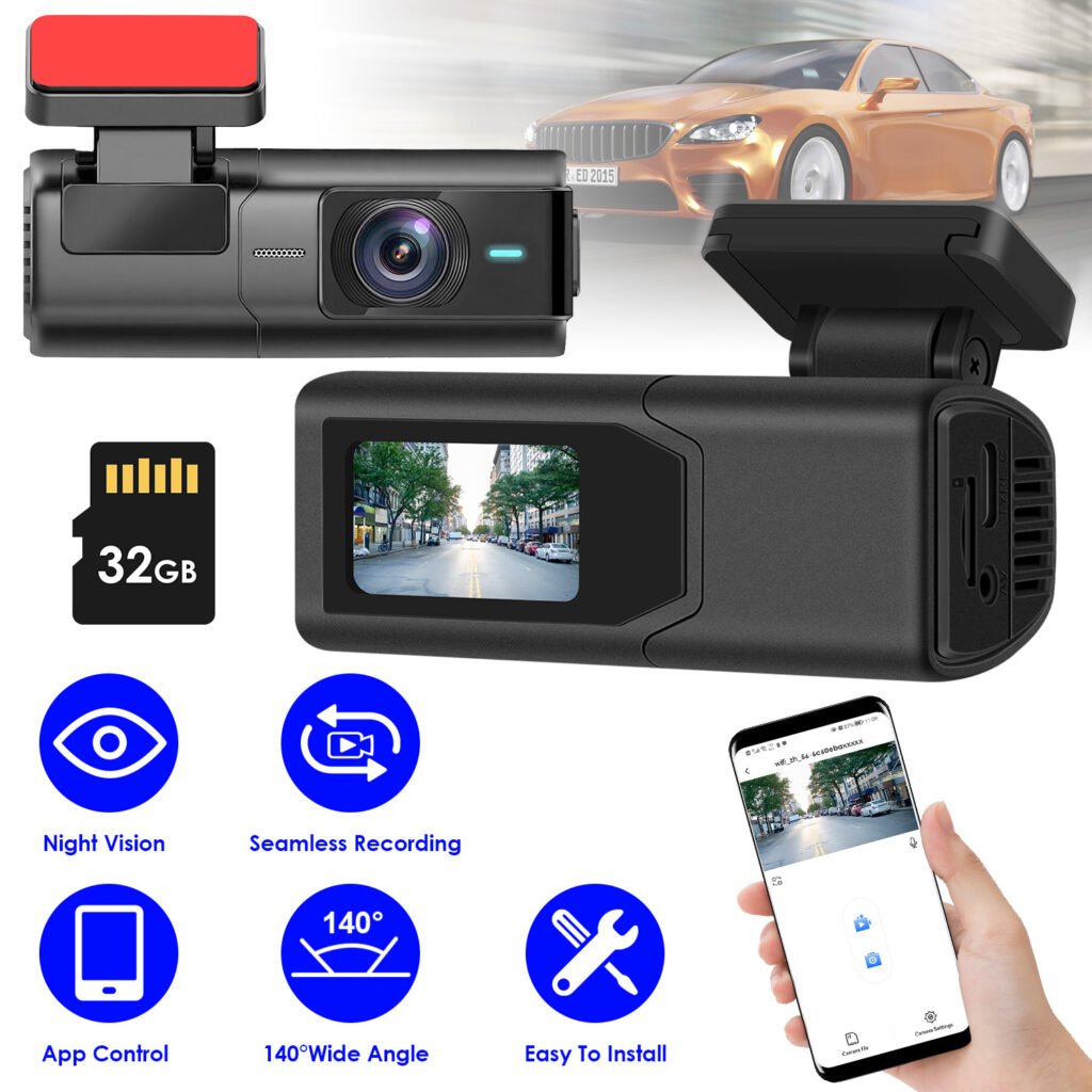 Caméra embarquée avant 2K HD pour voiture avec écran IPS, vision nocturne, enregistrement en boucle, carte mémoire 32 Go incluse, grand angle de 140°, contrôle via application Wi-Fi.