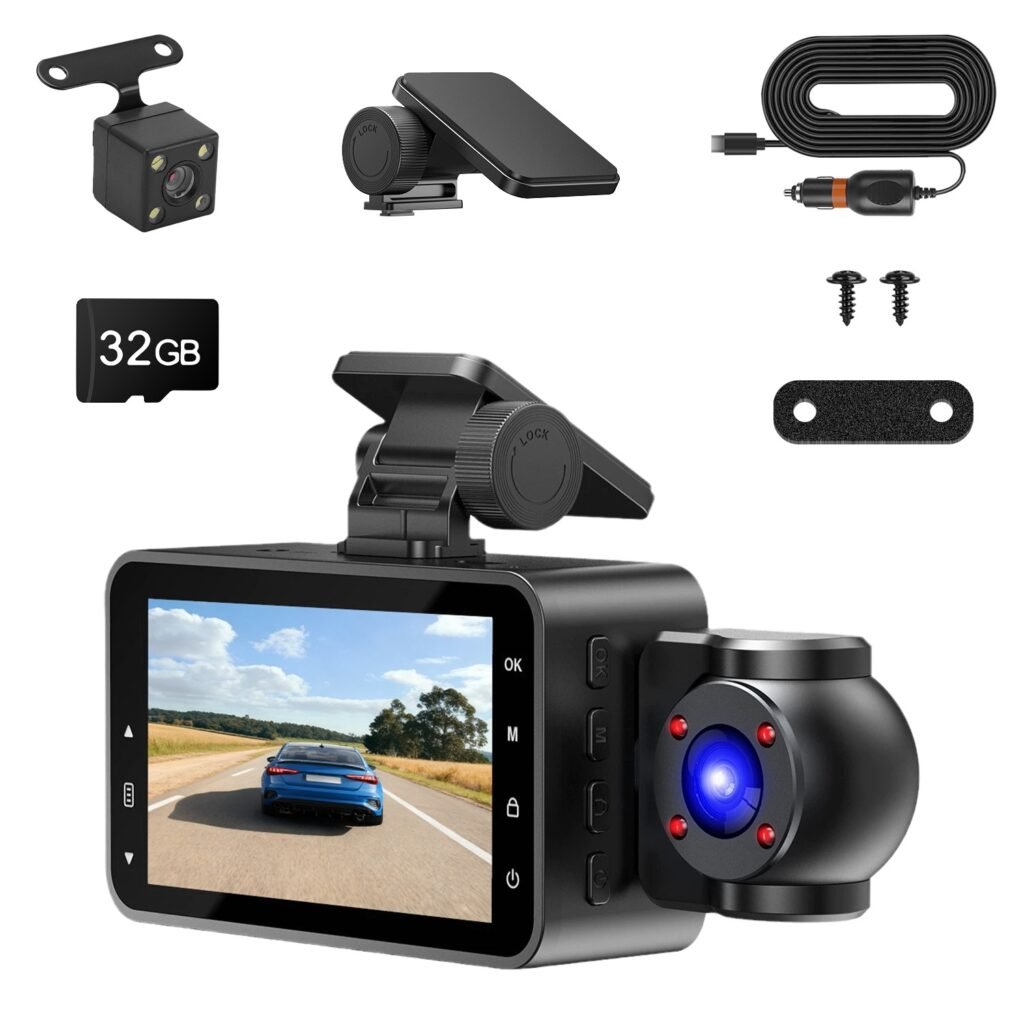 Caméra embarquée WiFi FHD 1080p à 3 canaux (avant, arrière et intérieur) avec carte MMC 32 Go, détection de mouvement, enregistrement en boucle, vision nocturne infrarouge et contrôle via application.