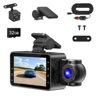 Caméra embarquée WiFi FHD 1080p à 3 canaux (avant, arrière et intérieur) avec carte MMC 32 Go, détection de mouvement, enregistrement en boucle, vision nocturne infrarouge et contrôle via application.